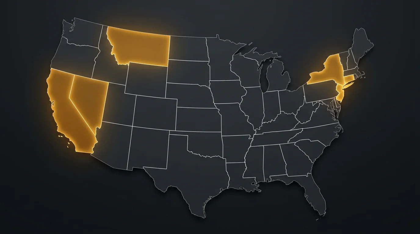 US map showing six states with sweepstakes casino bans enacted in 2025